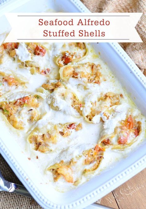 Seafood Stuffed Shells Recipe, Stuffed Shells Beef, Seafood Alfredo, Seafood Stuffed Shells, Alfredo Stuffed Shells, Seafood Casserole Recipes, Shells Stuffed, Chicken Stuffed Shells, Stuffed Shells Ricotta