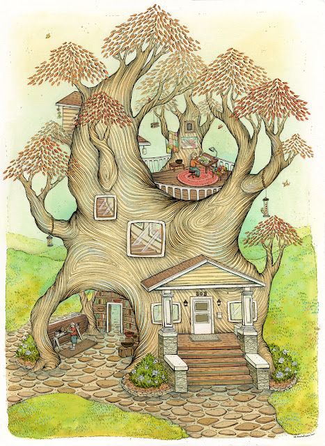 Nimasprout Art, Tree House Illustration, Tree House Drawing, Superflat, House Illustration, Holly Hobbie, House Drawing, Tree Houses, Fairy House