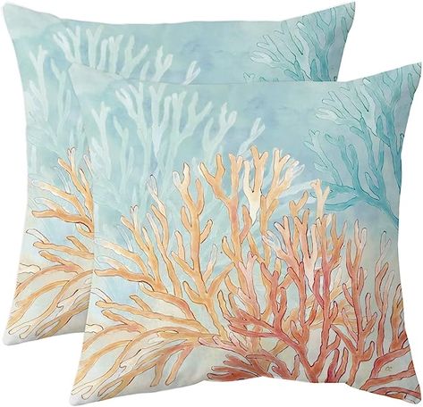 Coral Throw Pillow, Coastal Pillow Covers, Coral Throw Pillows, Coastal Throw Pillows, Couch Bedroom, Hiasan Bilik Tidur, Bantal Sofa, Coastal Pillows, Beach Theme Decor