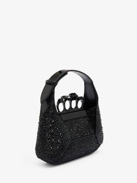 The Jewelled Hobo Mini Bag in Black | Alexander McQueen US Mini Bag Black, Black Alexander Mcqueen, Leather Jewels, Iconic Fashion, Crystal Embellishment, Angelina Jolie, Black Crystals, Fashion Designer, Mini Bag