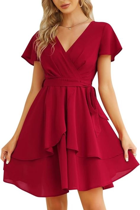 KOJOOIN Womens Skater Dresses Sexy V Neck Short Sleeve Tie Waist Solid Ruffle Boho Flowy Swing Mini Dress Dark Wine Red at Amazon Women’s Clothing store Red Skater Dress, Free People Mini Dress, Mumu Dress, Skater Dresses, Stripped Dress, Mini Dresses For Women, Midi Dress Casual, Ruffle Hem Dress, Tennis Dress