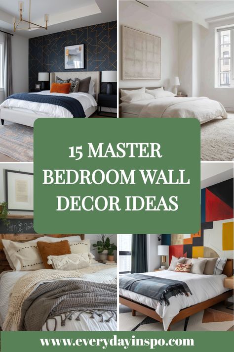 Decor ideas for your master bedroom wall to make it really stand out from the crowd. Master Bedrooms Picture Wall, Bachelor Bedroom Wall Art, Over The Bed Wall Decor Modern, Bedroom Ideas Wall Decor Design, Bedroom Picture Wall, Bedroom Photo Wall, Wallpaper Headboard, Tall Wall Decor, Bachelor Bedroom