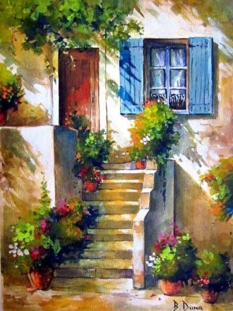 House Ladder, Watercolor Architecture, Cottage Art, Watercolor Landscape Paintings, Watercolor Paintings Tutorials, Watercolor Trees, Nature Art Painting, Painting Art Projects, Mail Art