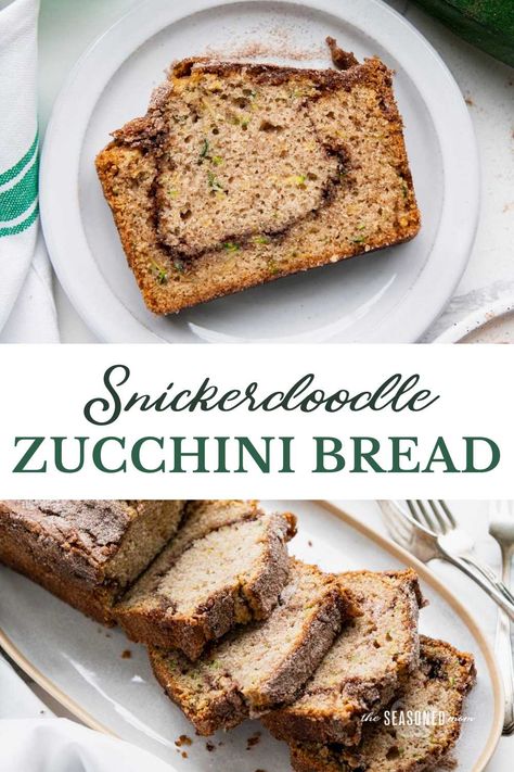 A classic loaf of moist zucchini bread gets an upgrade with a cinnamon-sugar swirl on the inside and a cinnamon-sugar crust on the outside. Each slice of this snickerdoodle zucchini bread is bursting with cozy flavor! Snickerdoodle Zucchini Bread, Cinnamon Zucchini Bread, Moist Zucchini Bread, The Seasoned Mom, No Rise Bread, Cinnamon Chips, Zucchini Muffins, Zucchini Bread Recipes, Mini Loaf