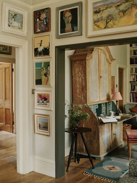 Ceiling To Floor Gallery Wall, Mudroom Entrance, Sloping Ceiling, Belgian Pearls, Axel Vervoordt, Antique Shelves, Door Art, Door Trim, Parisian Apartment