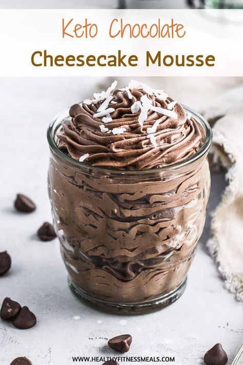 This keto Chocolate Cheesecake Mousse recipe is a no-bake healthy dessert recipe that's low in crabs, creamy, rich in flavor, and keto-friendly. #mousse #chocolatemousse #glutenfree #keto #lowcarb via @healthyfitnessmeals Low Carb Chocolate Cheesecake, Chocolate Cheesecake Mousse, Keto Chocolate Cheesecake, Keto Mousse, Chocolate Covered Banana Bites, Cheesecake Mousse Recipe, Keto Chocolate Mousse, Strawberry Oatmeal Bars, Blueberry Crumble Bars