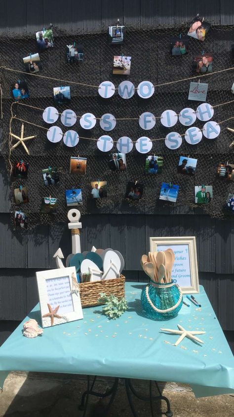 Two less fish in the sea! Beach bridal shower. Beach Bridal Shower Ideas, Beach Bridal Shower Decorations, Bridal Shower Games Couples, Mermaid Bridal Showers, Party On The Beach, Nautical Bridal Showers, Beach Bach, Beach Wedding Decorations Reception, Fishing Wedding