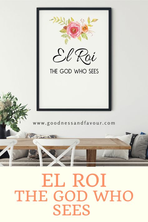 El Roi - The God Who Sees, Hebrew Name of God, Wall Art is a beautiful floral wall hanging based on the Hebrew Name of God with the English translation. This artwork can be hung anywhere from the entry to the living room, bedroom or even a place of worship. #ElRoi #HebrewnameofGod #wallart #Christiangifts #Christianart Christian House Names, El Roi In Hebrew, Scriptures To Write On House Frame, Scripture On Frame Of House, Names Of God Wall Art, Scripture For House Frame, Hebrew Scriptures, The God Who Sees, God Who Sees