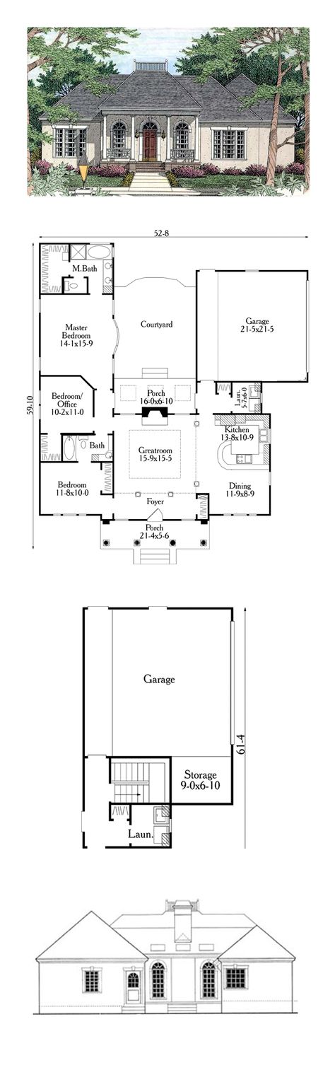 COOL House Plan ID: chp-34140 | Total Living Area: 1501 sq. ft., 3 bedrooms and 2 bathrooms. Upon entering the foyer, columns distinctively separate the foyer and living room. The vaulted living room looks onto the skylit porch and courtyard. The kitchen and dining room complete the right side of the home. #courtyard House Sketch Plan, Greek Revival House Plans, House Plans Colonial, Colonial House Plans, Ranch House Plan, Southern House Plans, Casas Coloniales, Farmhouse House, Plans Modern