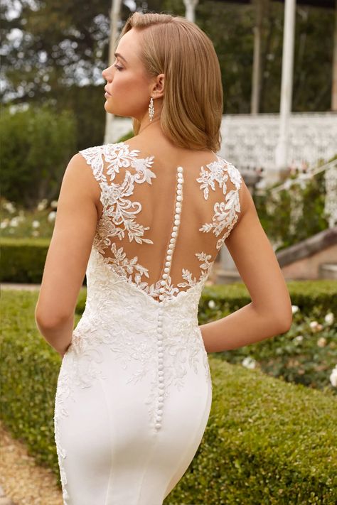 Crepe Wedding Dress with Illusion Back Capri. Description: <style type="text/css"><!-- td {border: 1px solid #ccc;}br {mso-data-placement:same-cell;} --></style> <div class="product-detailed-description theme-typo"><span data-sheets-value="{"1":2,"2":" This dress of dreams is sexy, sultry and fitted to perfection. Capri is guaranteed to make jaws drop as you make your way down the aisle. The sweetheart illusion neckline is embellished with be Wedding Dress Illusion Back, Flattering Wedding Dress, Illusion Neckline Wedding Dress, Floral Lace Wedding Dress, Eternal Soul, Sophia Tolli, Crepe Wedding Dress, Stylish Wedding Dresses, Chiffon Wedding Dress