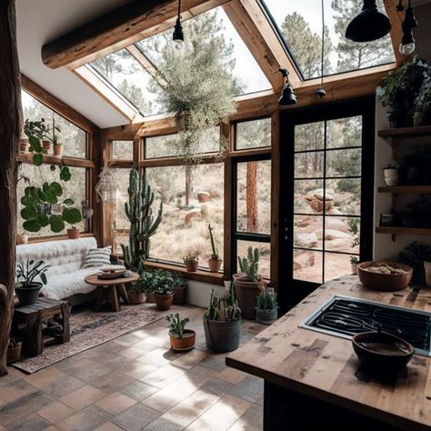 Farm Mid Century Modern, Industrial Midcentury Modern Living Room, Mid Century Conservatory, Mid Century Cabin Exterior, Modern Boho Cabin, Modern Western House Exterior, Dark Mid Century Modern Kitchen, Mid Western Gothic, Dark Southwestern Decor