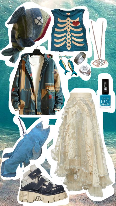 fish ^__^ Shark Themed Outfit Aesthetic, Jellyfish Core Outfits, Water Aesthetic Outfit, Fish Themed Outfit, Fishcore Outfit, Different Clothing Aesthetics List, Shark Inspired Outfit, Juminocore Clothes, Alt Beachy Outfits