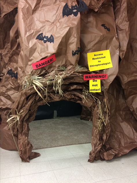 Bat Cave Trunk Or Treat Ideas, Bat Cave Classroom Door, Cave Classroom Transformation, Bat Cave Classroom, Bat Cave Trunk Or Treat, Bat Cave Classroom Transformation, Cave Classroom, Fall Library, Halloween Classroom Decorations