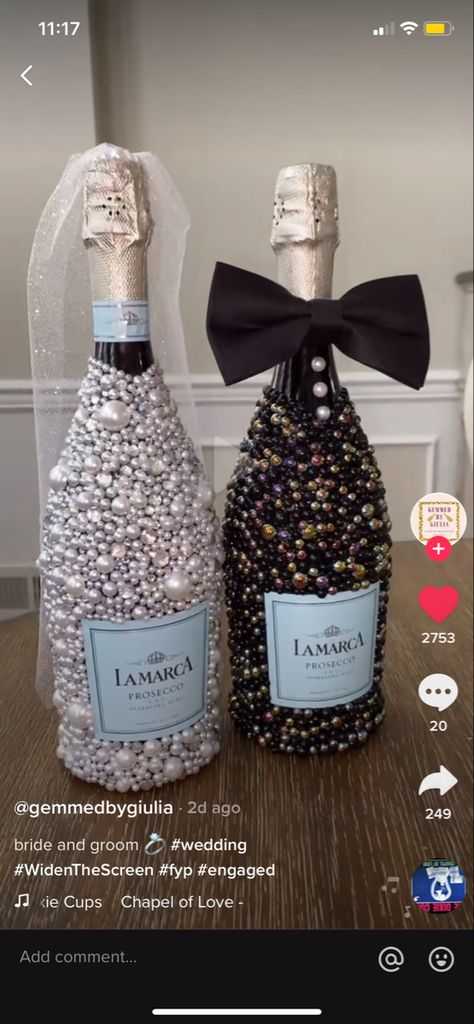 Bride And Groom Wine Bottles, Wine Bottle Engagement Gift, Bride And Groom Bottles, Champagne Bottle Decoration For Weddings, Bride Champagne Bottle, Pearl Champagne Bottle, Champagne Bottle Decoration, Bedazzled Bottles, Bejeweled Bottles