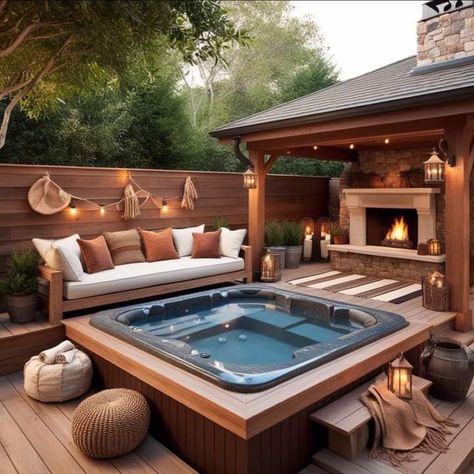 Hardscape Ideas Backyard With Hot Tub, Large Jacuzzi Outdoor, Backyard Ideas With Hot Tub And Fire Pit, Hot Tub And Fire Pit Patio, Stone Jacuzzi, Outdoor Jacuzzi Ideas, Jacuzzi Outdoor Ideas, Pool Greenhouse, Whirpool Outdoor