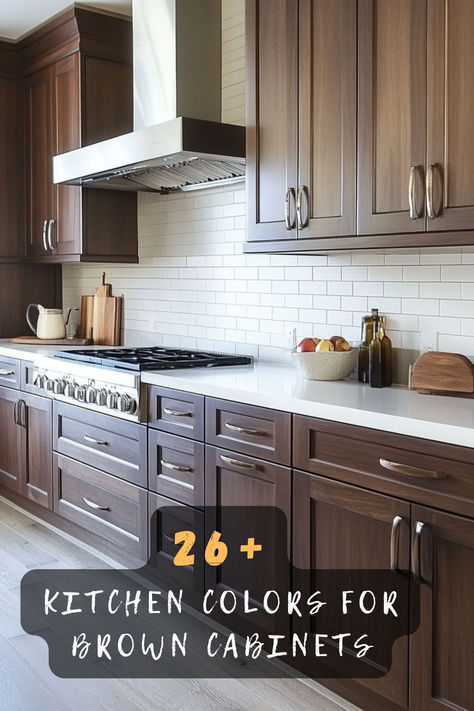 Looking To Refresh Your Kitchen? Discover 26+ Stunning Kitchen Colors That Pair Perfectly With Brown Cabinets! From Warm Neutrals To Bold Hues, Find The Perfect Palette To Enhance Your Space. Click To Explore Inspiring Combinations! 🍽️✨🏡  #KitchenColors #BrownCabinets #HomeInspiration #ColorPalette #StylishInteriors #KitchenDesign #DecorIdeas Kitchen Cabinet Colors Dark Bottom Light Top, Kitchen With Medium Brown Cabinets, Kitchen Paint Ideas With Brown Cabinets, Painted Brown Cabinets, Brown Cupboards Kitchen, Chocolate Brown Kitchen Cabinets, Chocolate Cabinets Kitchen, Kitchen Wall Colors With Brown Cabinets, Brown Kitchen Cabinets Color Schemes