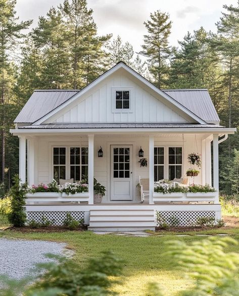 Cottage House With Wrap Around Porch, Cozy Small Home Exterior, Small Country House Exterior, Small House On Land Country, Tiny House Modern Farmhouse, Small Home With Porch, Big Farmhouse Interior, Tiny Home Farmhouse Style, Simple Farmhouse Exterior