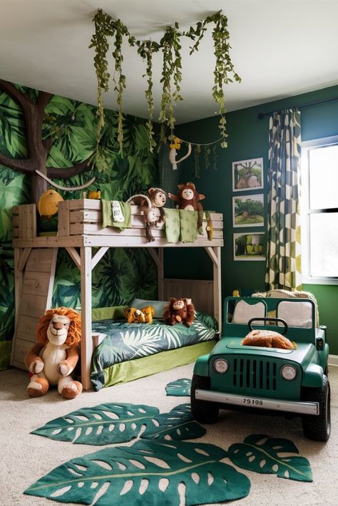 15 Creative Toddler Boy Bedroom Ideas to Inspire Your Child's Space Little Boys Dinosaur Bedroom, Toddler Boy Room Dinosaur, Green Kids Room Boys, Toddler Room Ideas For Boys, Toddler Bedroom Boy, Toddler Room Boy, Safari Bedroom Kids, Toddler Boy Bedroom Ideas, Little Boy Room