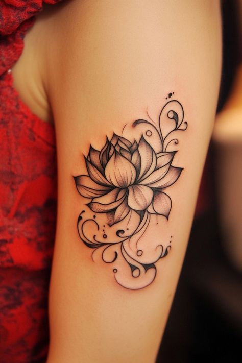 Lotus flower tattoo with intricate detailing on an arm. Lotus Upper Arm Tattoo, Indian Wrist Tattoos For Women, Lotus Flower Line Tattoo, Outside Arm Tattoo Women, Lotus Flower Tattoo Sleeve, Lotus Flower Sternum Tattoo, Lotus Flower Tattoo Stencil, Abdomen Tattoos Women, Boho Tattoos For Women