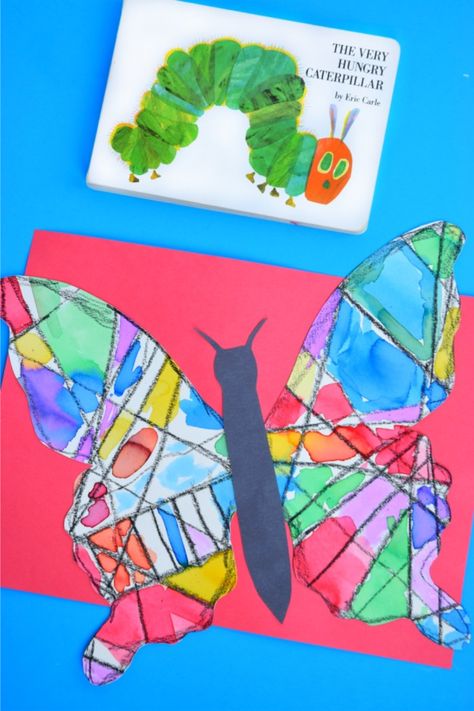 Stained Glass Butterfly Craft to go along with Eric Carle's book The Very Hungry Caterpillar. Bright and vibrant colors make this craft a winner for preschoolers and elementary kids! Caterpillar Butterfly Preschool Activities, Caterpillar To Butterfly Craft Preschool, Eric Carle Butterfly Craft, Caterpillars And Butterflies Preschool, Butterfly And Caterpillar Crafts, Eric Carle Butterfly, Preschool Units Themes, Insect Craft, Eric Carle Crafts