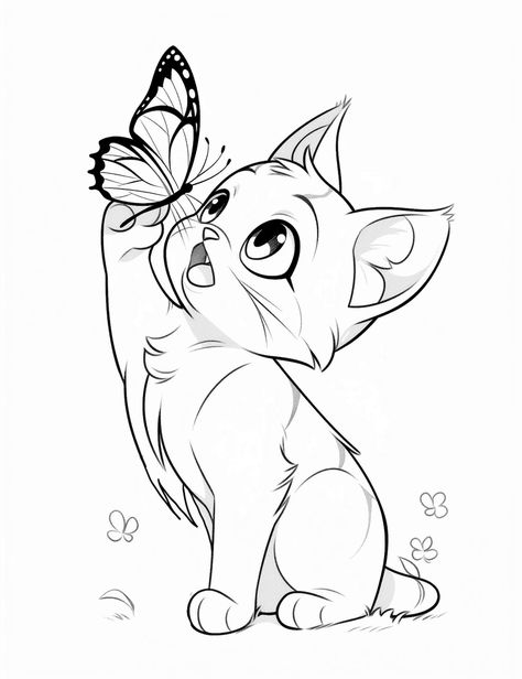 Warrior Cats Coloring Pages, Butterfly To Print, Cat With Wings Drawing, Cat Playing With Butterfly, Coloring Pages Butterflies, Playing With Cat, Butterfly Coloring Pages, Cat Coloring Pages, Kitten Drawing