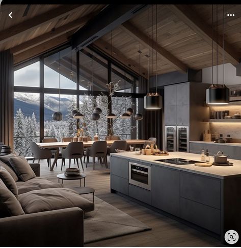 Modern Mountain House Kitchen, Scandinavian Cabin Design, Mountain Cabin Interior Design, House Interior Scandinavian, Modern Scandinavian Cabin, Dark House Interior, Chalet Kitchen, Mountain Home Interiors, Scandinavian Cabin