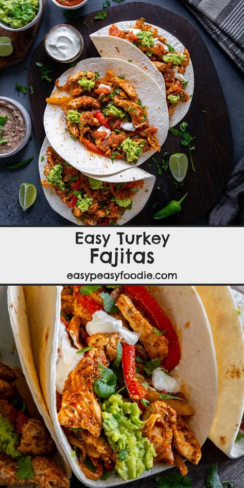 Turkey makes a delicious alternative to chicken in these Easy Turkey Fajitas. You can use fresh turkey breast OR leftover roast turkey in these easy peasy homemade fajitas – either way they are ready in under 30 minutes. #turkey #turkeyfajitas #leftoverturkey #turkeybreast #leftoverturkeyfajitas #fajitas #mexicanfood #texmex #texmexfood #easyentertaining #easymidweekmeals #easymeals #midweekmeals #easydinners #dinnertonight #dinnertonite #familydinners #familyfood #easypeasyfoodie Turkey Fajitas, Homemade Fajitas, Roasted Sweet Potato Cubes, Easy Homemade Salsa, Chicken Fajita Pasta, Turkey Cutlets, Fajita Vegetables, Homemade Fajita Seasoning, Salsa Guacamole