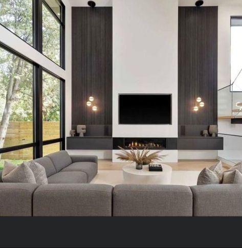 Fireplace Modern Design, Contemporary Fireplace Designs, High Ceiling Living Room, Modern Family Rooms, Idea Bedroom, Living Room Aesthetic, Family Room Fireplace, Home Quotes, Wallpapers Home