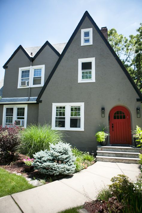 Exterior paint on a traditional Tudor cottage.                                                                                                                                                                                 More House Paint Exterior Grey, Tudor Exterior Paint, Stucco House Colors, Tudor House Exterior, Exterior Stucco, Stucco Colors, Tudor Cottage, Gray House, Window Trim Exterior