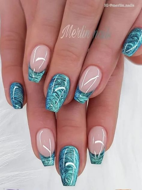 Bermuda Nail Designs, Heart Gel Nail Designs, Pretty Blue Nails Acrylic, Turquoise Blue Nails, Dressy Nails, Spain Tattoo, Teal Nail Designs, Teal Nails, Turquoise Nails