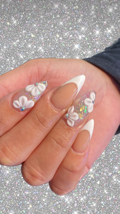 Birthday Nails With 3d Flowers, Almond French Tip Nails With 3d Flower, Almond Nails With 3d Flower, Almond Flower Nails, Stelleto Nails, Almond French Tip, Classic French Tip, Emoji Nails, Cute Almond Nails