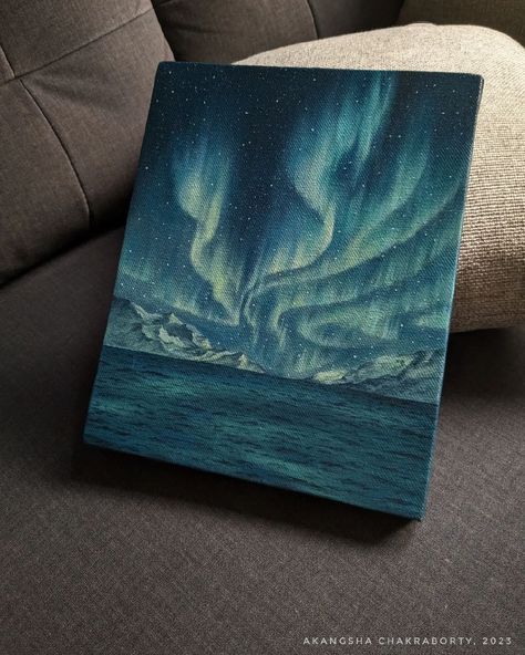 Canvas Painting Ideas Northern Lights, Aurora Borealis Painting, Painting Starry Night, Night Sky Art, Piskel Art, Green To Blue, Painting Art Lesson, Small Canvas Art, Starry Night Sky