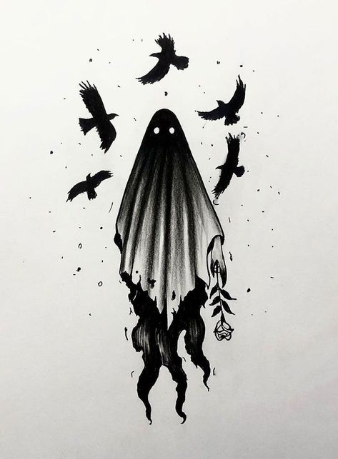 A Spooky Ghost Drawing Bird Skull Tattoo Design, Bird Skull Tattoo, Cute Easy Paintings, Ghost Drawing, Ghost Tattoo, Drawing Hair, Spooky Tattoos, Meaningful Drawings, Dark Art Tattoo