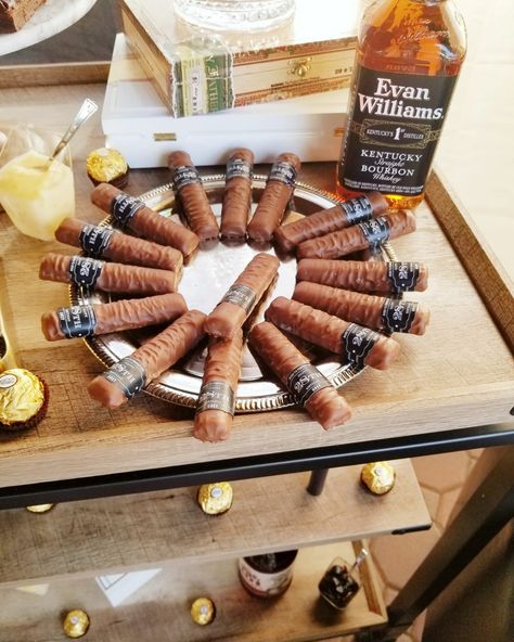 Whiskey, bourbon and cigar birthday party Gentleman Birthday Party, 27 Birthday Party Ideas Men, 30th Birthday Bourbon Theme, Jameson Birthday Theme, Husband Birthday Party Theme, 30th Man Birthday Ideas, Whiskey Party Centerpieces, Whiskey Theme Party Decor, Gentleman Party Theme