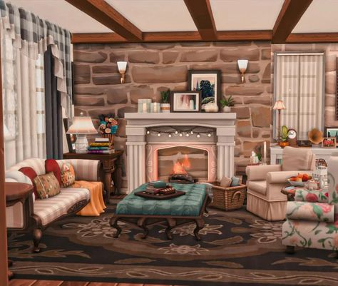 The Sims 4 Living Room Ideas, Sims 4 Living Room, Rosehill Cottage, Sims Interior, Primitive Cabin, Living Room Sims 4, Sims 4 Cottage, Environment Inspiration, Friends Merry Christmas