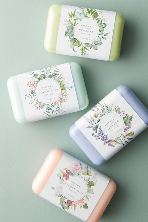 Mothers day gifts: Four assorted soap bars in Verbena (light green color), South Seas (pale turquoise color), Lavender (lavender color), and Lychee Rose (blush pink color) scents Bar Soap Packaging, Handmade Soap Packaging, Soap Packaging Design, Soap Packing, Sugar Scrub Diy, Soap Labels, Classic Bar, Diy Scrub, Homemade Soap Recipes