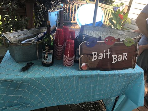 O-FISH-ally One Birthday Party Bait Bar O Fish Ally One Birthday Decorations, Bait Bar, O Fish Ally One Birthday, Retirement Party Centerpieces, Fishing Themed Birthday Party, Fishing Birthday Party, O Fish Ally, Boys 1st Birthday Party Ideas, Fishing Party