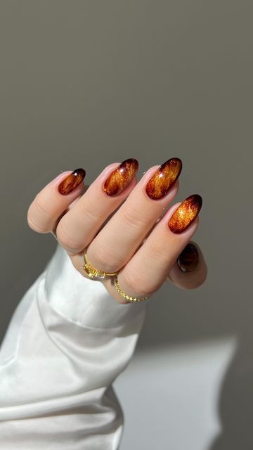 Fall Fairy Nails, Red And Orange Marble Nails, Brown And Orange Ombre Nails, Orange Velvet Nails, Ember Nails, Glittery Fall Nails, Burnt Orange Gel Nails, Autumn Aura Nails, Orange Pearl Nails