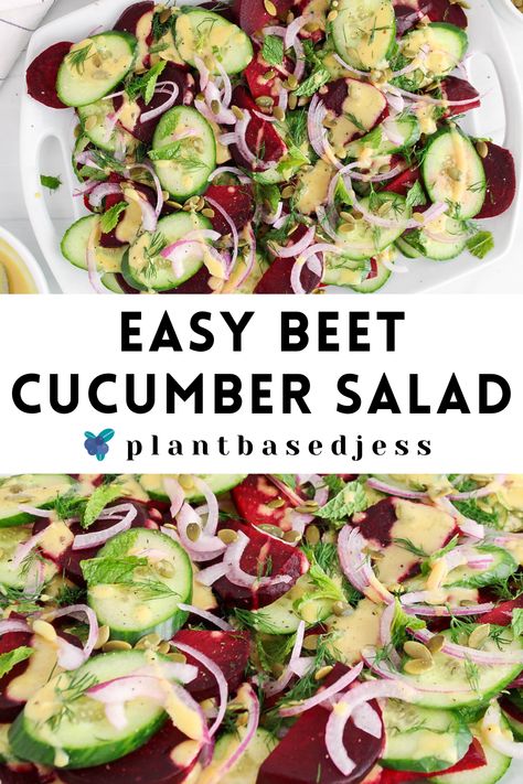 View on a large plate with a beet cucumber salad. Salad With Beats, Meal With Beets, Beets Zucchini Recipe, Cooked Beets Recipe Salad, Beet And Tomato Salad, Meals With Beets Healthy, Beet Salad With Cucumber, Pickled Beets Salad Recipe, How To Eat Beets Recipes