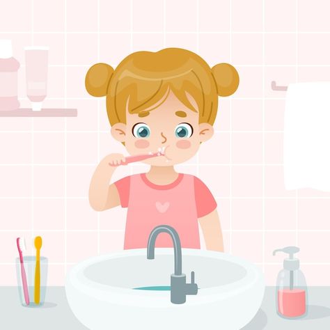 Vector cute girl brushes her teeth in th... | Premium Vector #Freepik #vector #brushing-teeth #kids-teeth #baby-tooth #baby-teeth Girl Brushing Teeth, Aura Book, Teeth Games, Routine School, Teeth Drawing, Tooth Cartoon, Bathroom Cartoon, Morning Routine School, Kids Teeth