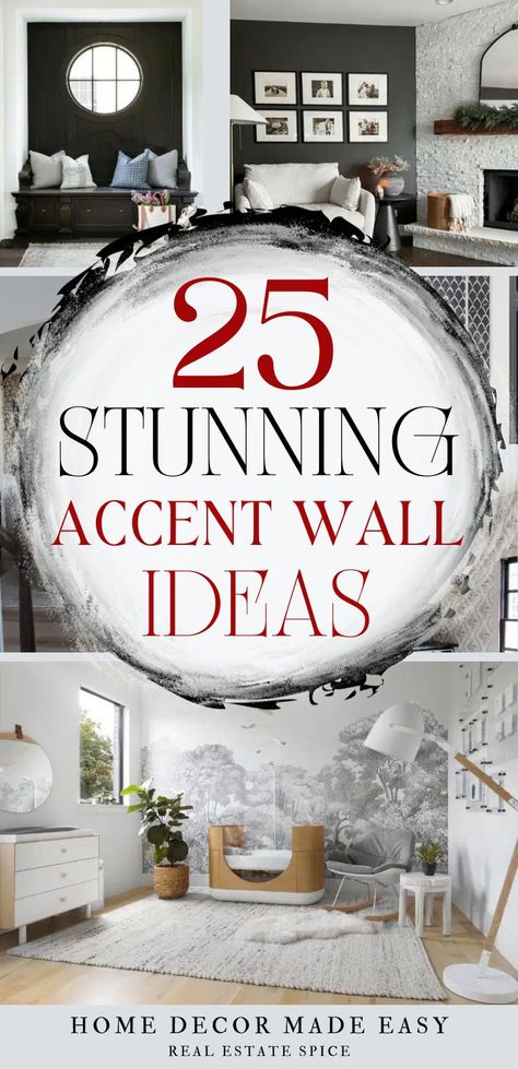 BE INSPIRED WITH STUNNING ACCENT WALLS! 25 STUNNING Accent Wall IDEAS, DESIGNS and TIPS - You'll find stunning living room, bedroom, entryway, powder bathroom, hallway accent wall ideas, images and tips to create the perfect accent wall to fit your style and taste! via @https://www.pinterest.com/realestatespice/_created/ Textured Wall Bathroom Ideas, Traditional Accent Wall Ideas, Textured Wall In Bedroom, Half Board And Batten Wall With Wallpaper, Creative Wall Treatments, Wallpaper For Living Room Accent Walls, Faux Accent Wall Ideas, Wall Applications Ideas, Dining Room Wallpaper Ideas Accent Wall