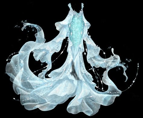 Anime Water Clothes, White Mermaid Tail Art, Water Themed Dress Drawing, Ice Themed Outfit Drawing, Water Clothing Design, Flowing Dress Drawing, Water Clothes Drawing, Water Like Dress, Mermaid Fashion Design