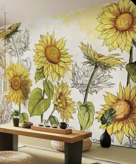 Sunflower Wall Mural, Sunflower Wall Painting, Sunflower Mural, Gate Painting, Floral Murals, Wood House Design, Balcony Wall, Home Wall Painting, Hall Room