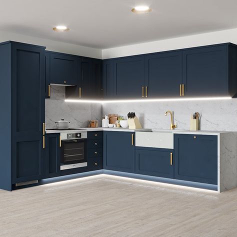 Howdens Chelford, Kitchen Howdens, Blue Kitchen Designs, Navy Kitchen, Classy Kitchen, Kitchen Modular, Kabinet Dapur, Modern Kitchen Cabinet Design, Kitchen Interior Design Decor