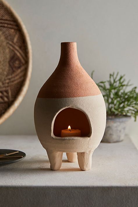 Burn tea light candles or incense in style with this one-of-a-kind piece made in Honduras. This unique miniature chiminea makes a great gift and a welcome addition to a patio table. | Tabletop Terracotta Chiminea in Orange at Terrain Coil Projects Ceramics, Ceramic Lantern Ideas, Table Terracotta, Handbuilt Pottery Ideas, Autumn Pottery, Living Boho, Clay Candle, Boho Styl, Tanah Liat