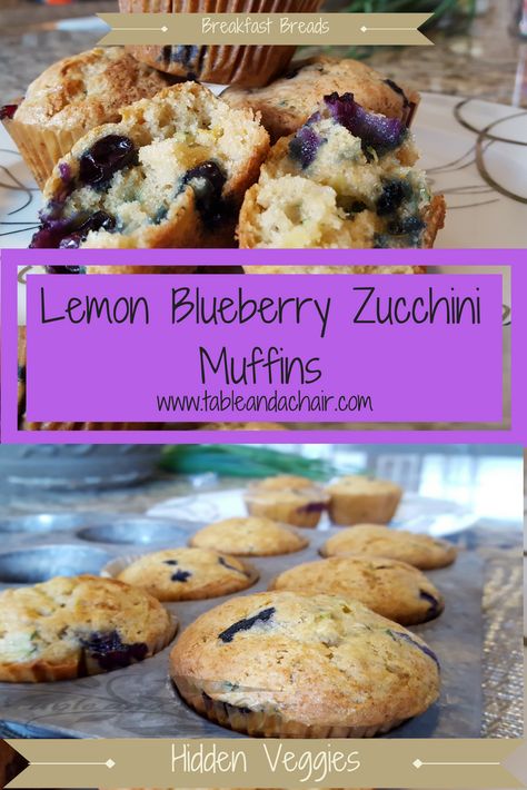 Lemon Blueberry Zucchini Muffins | Table and a Chair #breakfast #hiddenveggies #backtoschool #blueberries #zucchini #muffins Blueberry Zucchini Muffins, Wheat Muffins, Blueberry Zucchini, Whole Wheat Muffins, Blueberry Breakfast Cake, Lemon Zucchini, Lemon Muffins, Hidden Veggies, Zucchini Muffins