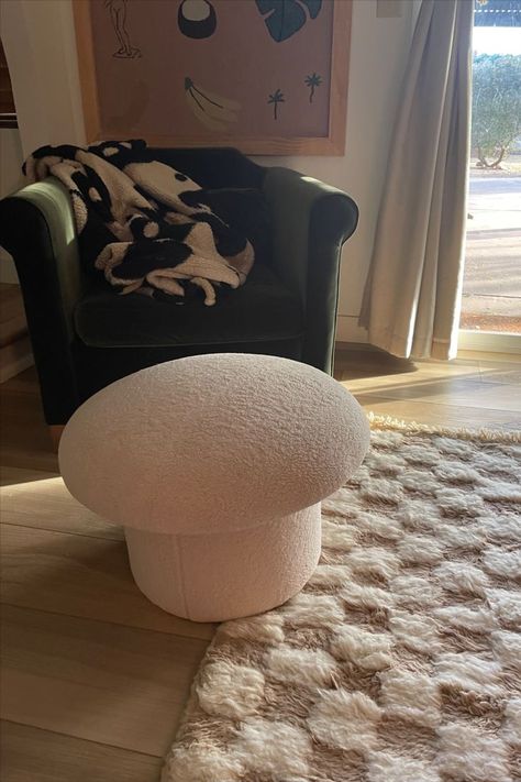 Target Mushroom Stool, Cottagecore Chair, Checkered Ottoman, Diy Mushroom Stool, Off White Decor, Condo Aesthetic, Sherpa Ottoman, Mushroom Ottoman, Cottagecore Interior Design