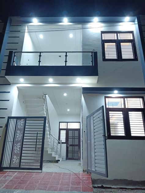 black and white combination staircase Gated society under Nagar Nigam Loan available. location- Indira Nagar extension, 3.5km from Munshi Pulia metro station. Indian House Exterior Design, Home Snap, Budget House Plans, House Outer Design, Small House Elevation, Small House Front Design, House Interior Design Styles, Temple Design For Home, Small House Elevation Design