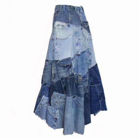 Patchwork Denim Maxi Skirt, Recycled Jeans Clothes, Diy Long Denim Skirt, Denim Skirt Made From Jeans, Denim Remake Ideas, Streetwear Fashion Autumn, Upcycled Denim Skirt, Patchwork Denim Skirt, Denim Crafts Diy