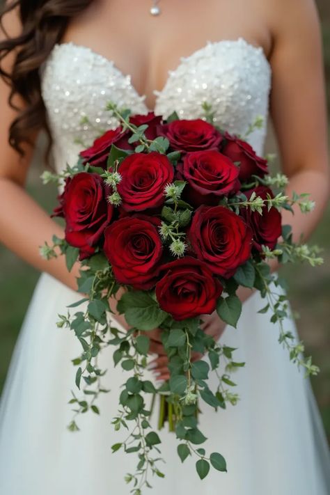 23 Cascading Wedding Bouquets Ideas That'll Have Everyone Talking Rose Bouquet Wedding Red, Wedding Bouquets Bride And Bridesmaid, Red Wedding Inspiration, Wedding Theme Ideas Red, Wedding Bouquets Roses Red, Wedding Bouquets Red Roses, Red Roses Wedding Bouquet, Red Rose Wedding Theme, Red Rose Wedding Bouquet